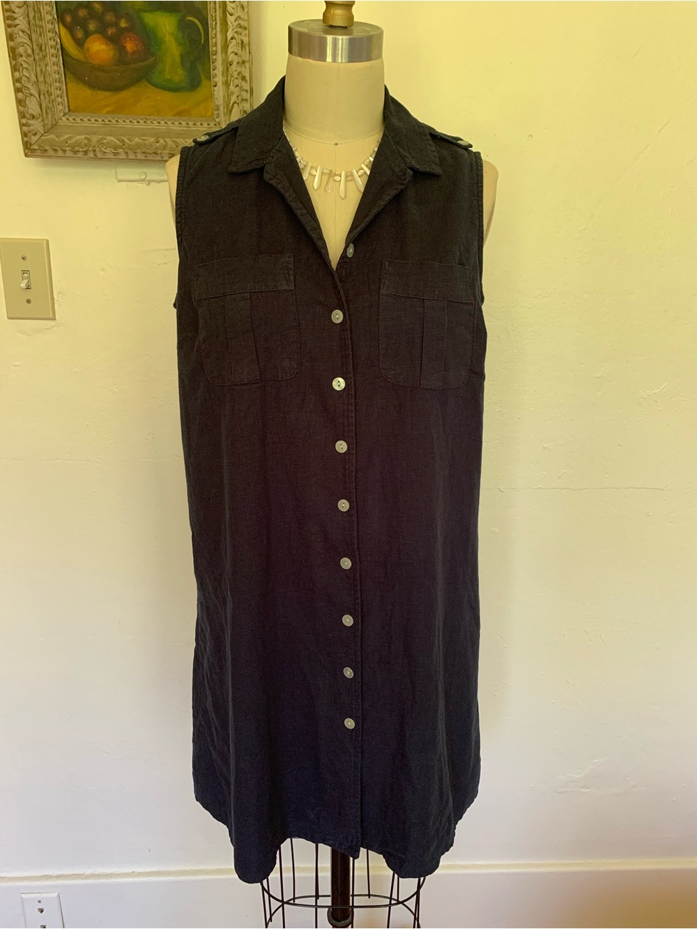 Linen Navy Blue Sleeveless Button-Front Mini Dress Summer Fall Collegiate